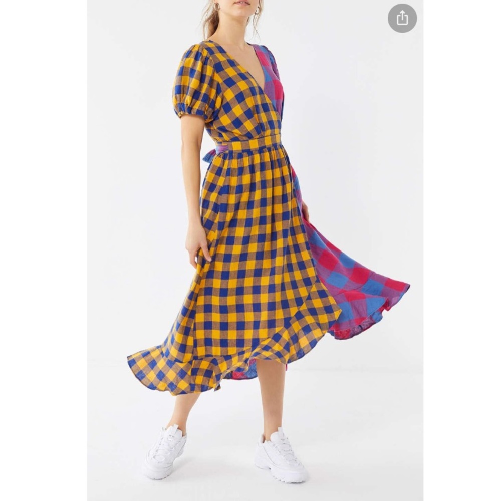 UO Mixed Plaid Anna Linen Wrap Dress Size Medium